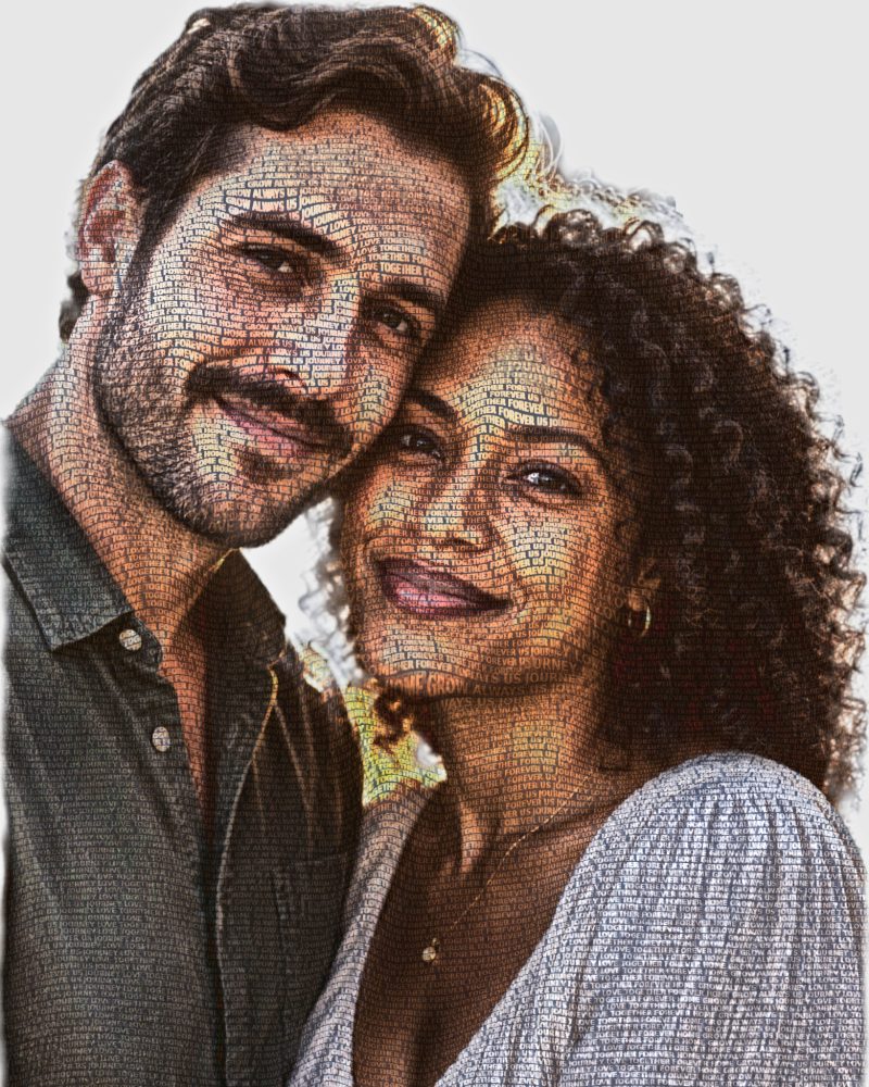 Couple portrait at golden hour, word art