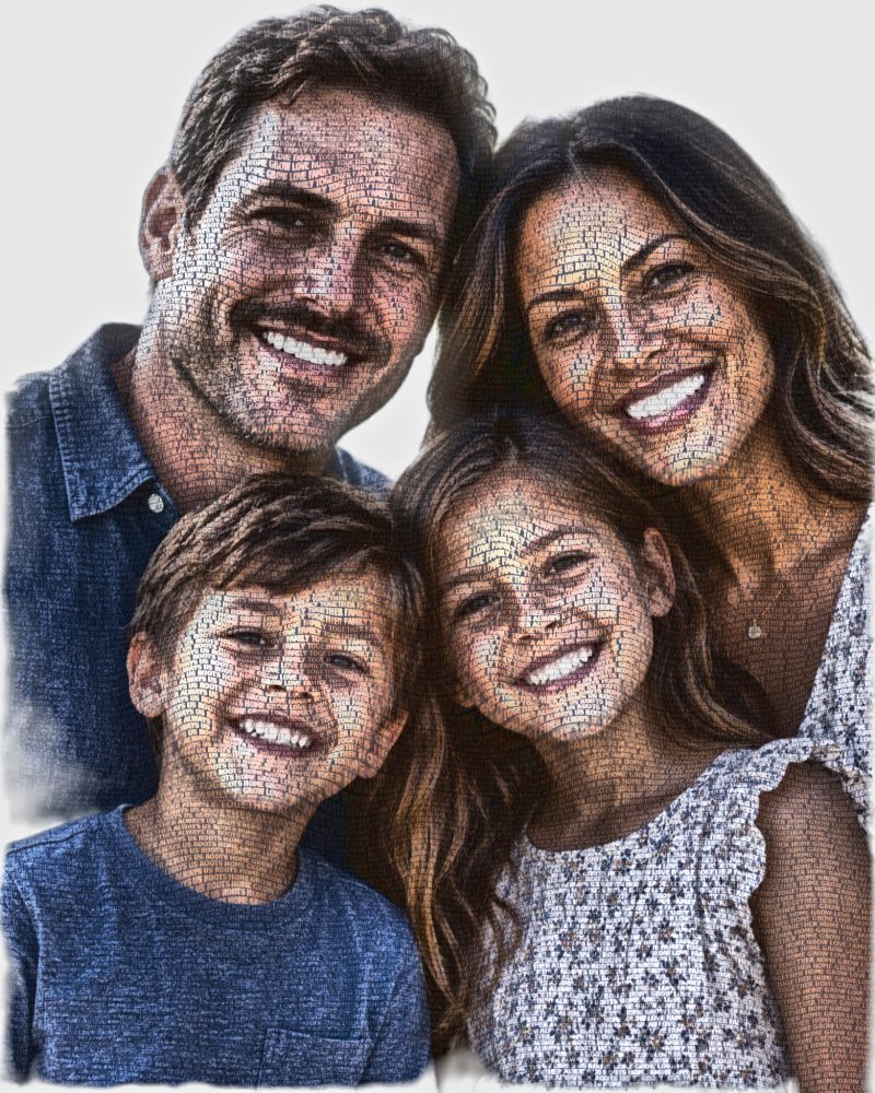 Family of four portrait, word art