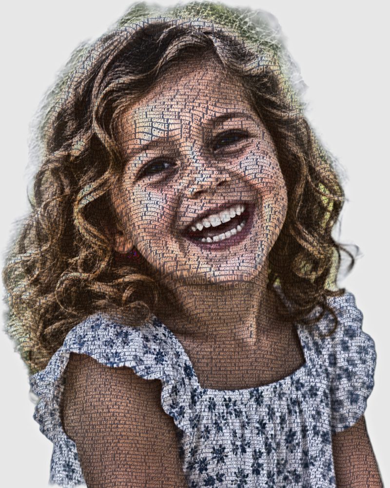 Child portrait, laughing, word art